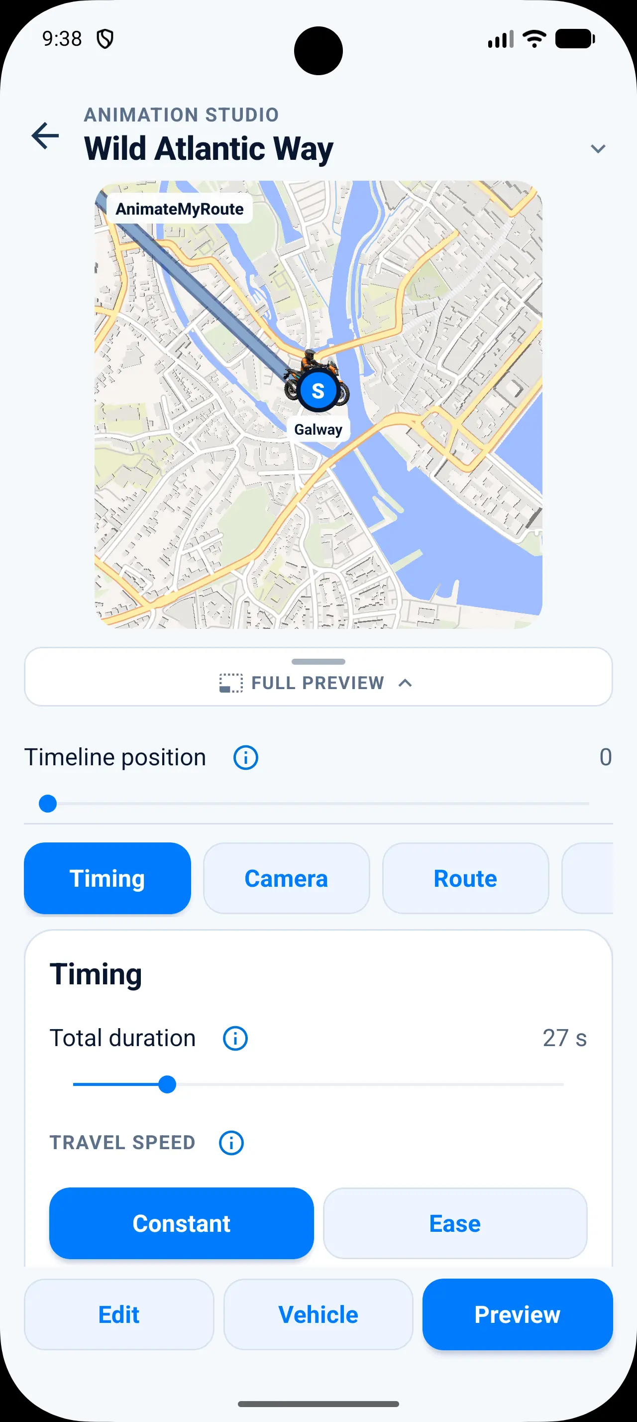 AnimateMyRoute animation editor showing route and camera controls