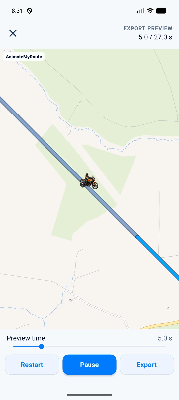 AnimateMyRoute export preview showing a motorbike moving along a map route