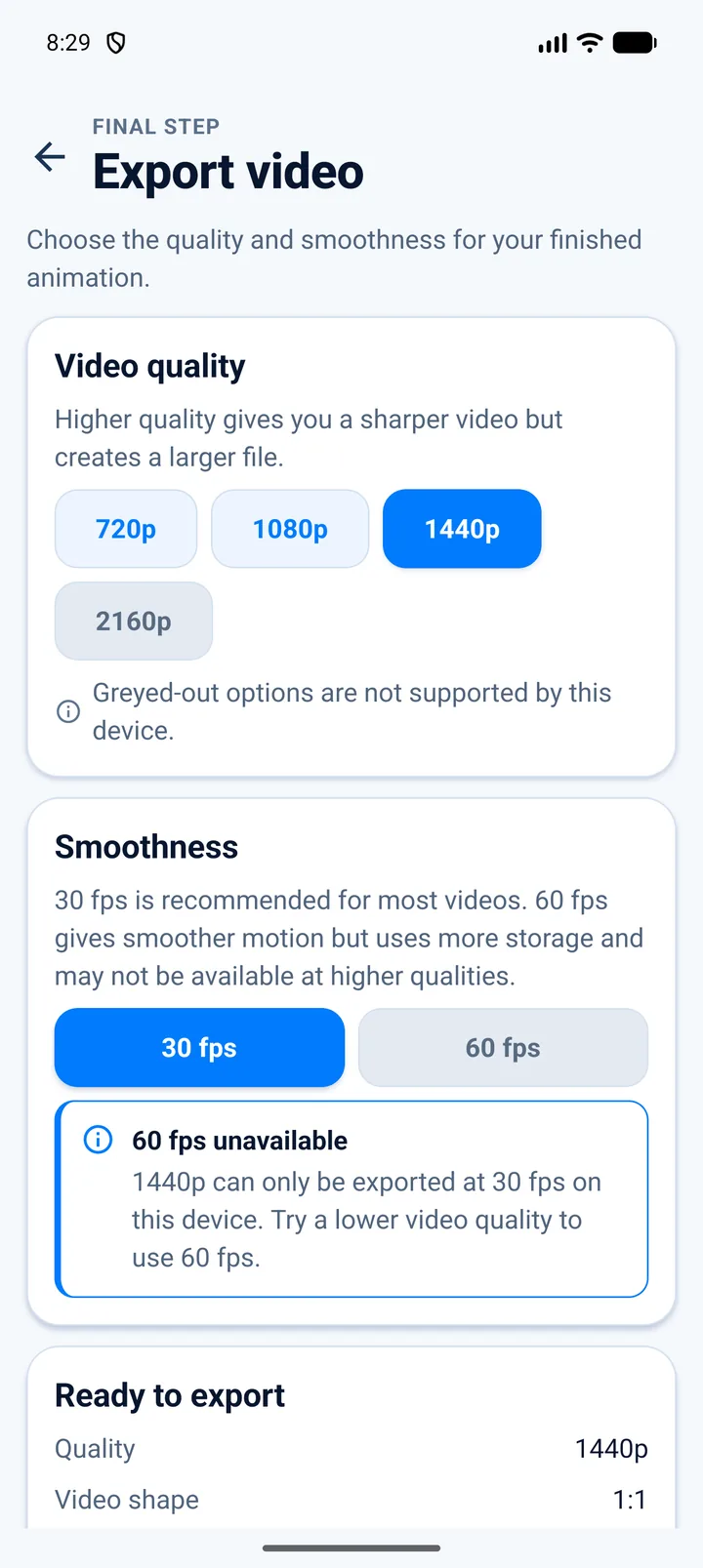 AnimateMyRoute video export quality and frame rate controls