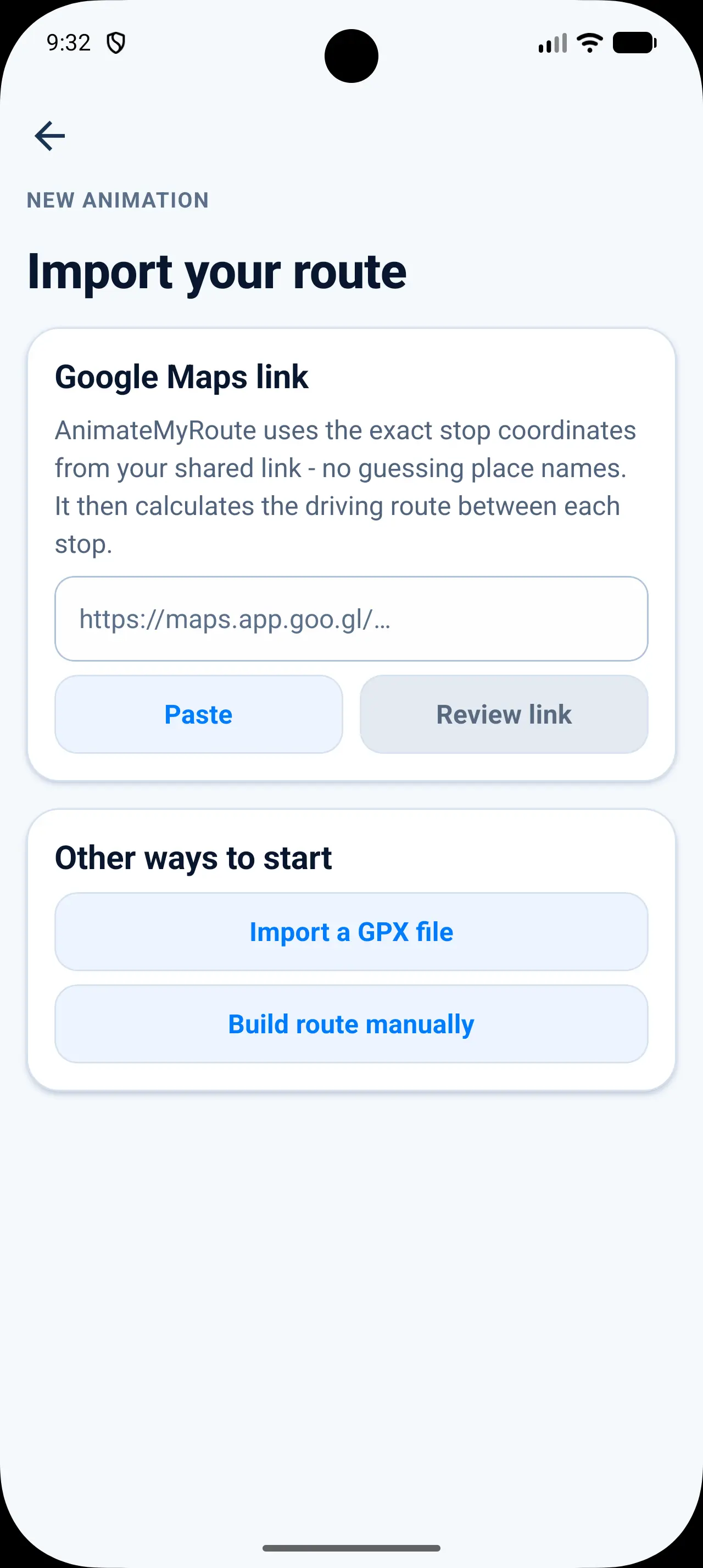 AnimateMyRoute route import screen with Google Maps, GPX and manual route options
